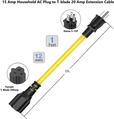 Miniatura 7 de Cable adaptador de clavija de CA para el hogar de 1 pie de 15 amperios a 20 amperios T Blade Cable adaptador 12AWG Nema 5-15P a 5-20R, cable