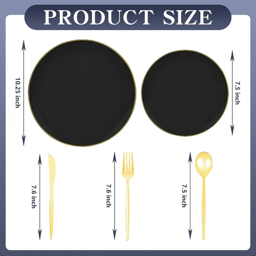 Miniatura 7 de I00000 150 platos de plástico negro, platos desechables negros, platos negros resistentes para 30 invitados, el juego de vajilla de plástico incluye