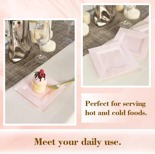 Miniatura 5 de Paquete de 100 platos cuadrados de plástico de postre rosa, platos desechables de 6.5 pulgadas, platos resistentes para fiestas, bodas, Navidad