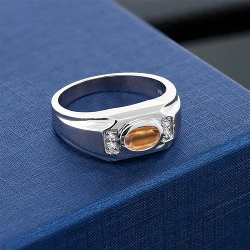 Miniatura 3 de Gem Stone King Anillo de plata de ley 925 con diseño de ojo de tigre marrón ovalado de 1.41 quilates para hombre