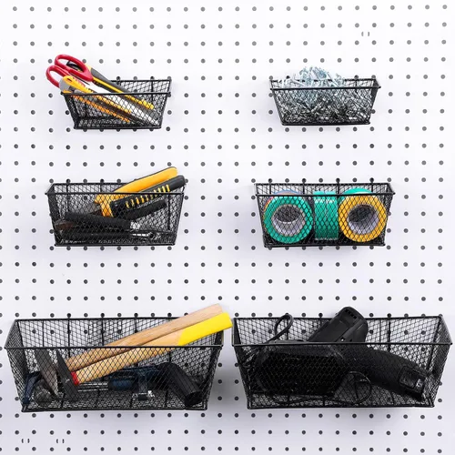 Miniatura 2 de Cestas de tablero de clavijas para montaje en pared, 3 tamaños, accesorios para tablero de clavijas, cesta para el hogar, garaje, organizador Negro