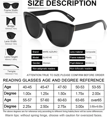 Miniatura 5 de MARE AZZURO Gafas de sol de lectura tipo ojo de gato para mujer, gafas de sol cuadradas de gran tamaño, para lectores 0 1.0 1.25 1.5 1.75 2.0 2.25