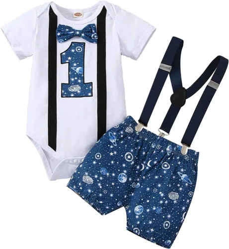 Miniatura 13 de Ropa divertida para el primer cumpleaños para bebé, ropa para bebé, con corbatín, mameluco, pantalones, conjunto de tirantes, trajes de pastel