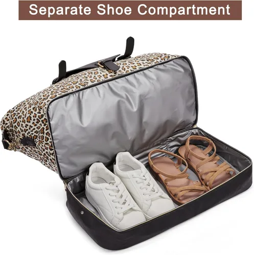 Miniatura 5 de CLUCI Bolsa de fin de semana para mujer, de cuero, grande, con compartimento para zapatos, Patrón de leopardo con negro