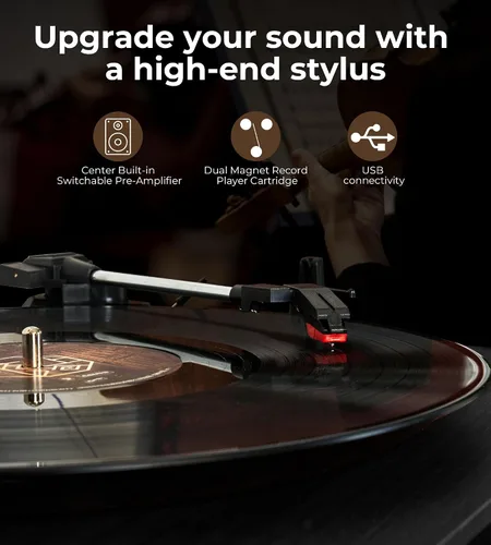Miniatura 5 de VANGOA Tocadiscos de vinilo, tocadiscos de 3 velocidades con receptor Bluetooth, altavoces estéreo integrados, color negro