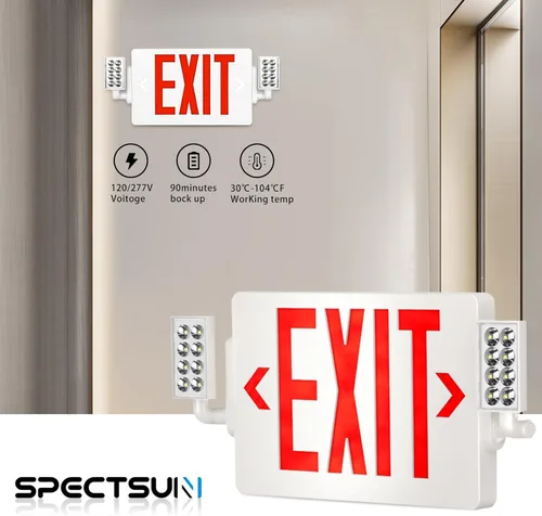 Miniatura 3 de Spectsun - Paquete de 1 señal de salida roja con luces de emergencia, dos luces LED de salida de emergencia ajustables con batería de respaldo, Rojo