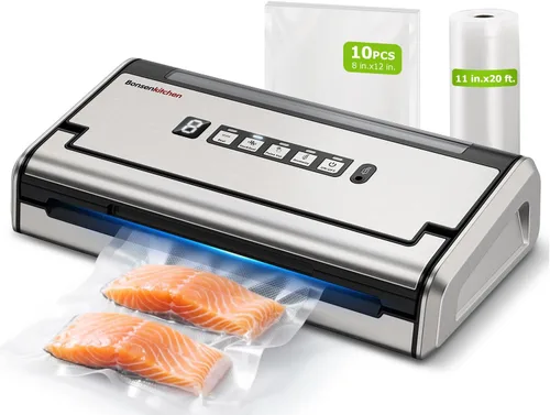 Bonsenkitchen Sellador al vacío para alimentos, máquina selladora al vacío de alimentos con una sola mano con temporizador digital, sello más ancho