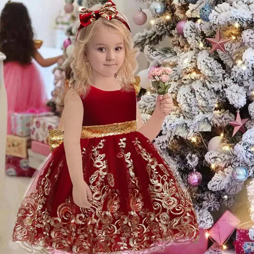 Miniatura 4 de CMMCHAAH - Vestidos de fiesta y concurso, con encaje y bordado, con lazo, tutú y diadema, para bebés y niñas, tallas 0-6 años