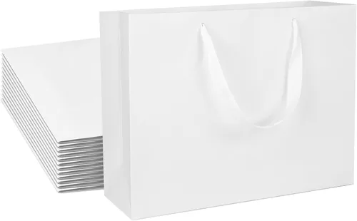 Miniatura 7 de QIELSER Paquete de 24 bolsas de regalo de papel kraft a granel, tamaño extragrande, bolsas de compras de papel blanco con asas de cinta para bodas