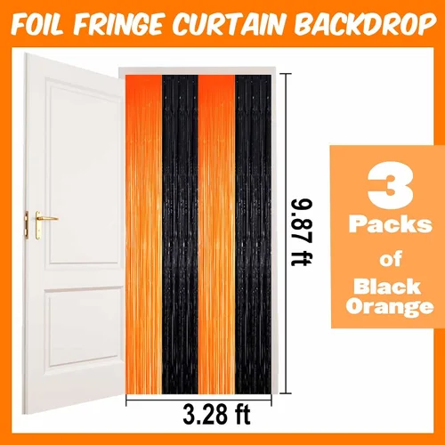 Miniatura 2 de Paquete de 3 cortinas de flecos de aluminio negro y naranja, 3.28 x 9.8 pies de serpentinas metálicas y cortinas de oropel para telón de fondo