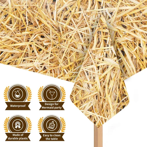 Miniatura 3 de Mantel de paja con balas de heno para decoración de fiestas de Hillbilly, mantel de plástico impermeable de granja occidental, suministros de fiesta