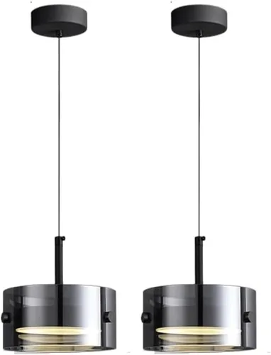 Miniatura 8 de Modern 2 Pack Cylindrical Pendant Light Fixtures, Nordic 6.3in Smoke Gray Glass Shade Ceiling Hanging Lighting, Dimmable and Adjustable Height