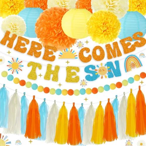 TaoBary Banner de ducha con temática de «Here Comes The Sun» «Here Comes The Son» para baby shower, con pompones de seda, farol de papel, bohemio,
