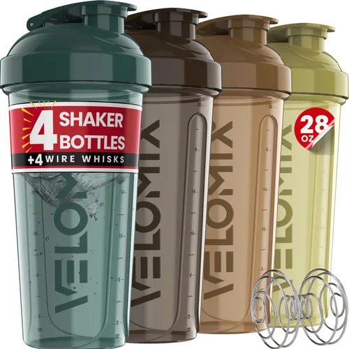 Miniatura 10 de VELOMIX -4 Pack- 28 oz Protein Shaker Bottles for Protein Mixes - 4x Wire Whisk Leak Proof Shaker Cups for Protein Shakes Stackable Protein