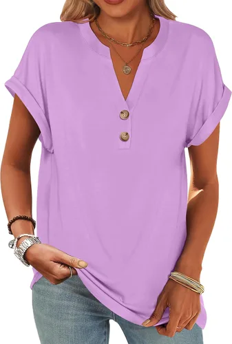 Miniatura 8 de ANRABESS - Camisetas Henley de manga corta para mujer, cuello en V, elegantes, estilo informal, de corte suelto; blusas fluidas de verano, ropa