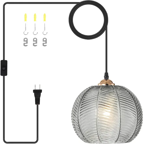 Miniatura 32 de Lámparas colgantes de esquina vintage para sala de estar, lámpara colgante de vidrio acanalado ámbar con cable enchufable, lámpara colgante bohemia