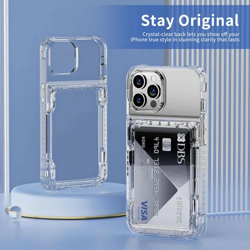 Miniatura 7 de ACANDYA Funda protectora transparente para iPhone 15 Pro Max con tarjetero de crédito, protección resistente, a prueba de golpes, antiarañazos
