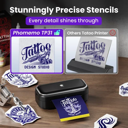 Miniatura 4 de Phomemo TP31 - Impresora de plantillas de tatuajes, mini fabricante de tatuajes temporales con 30 piezas de papel de transferencia, máquinas