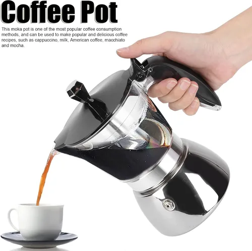 Miniatura 4 de 6 tazas de café de acero inoxidable, prepara italiano clásico con nuestra olla Moka Pot de cristal de primera calidad, diseño octogonal