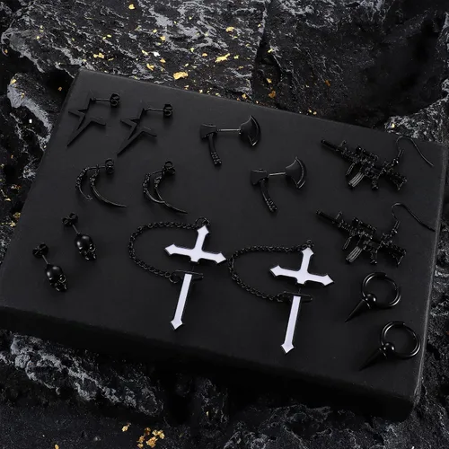 Miniatura 6 de FIBO STEEL Juego de 16 pares de aretes de acero inoxidable Y2K punk góticos emo góticos frescos cruzados hacha de cráneo tornillo de cono aretes