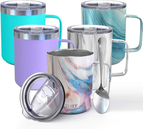 Miniatura 10 de THILY Taza de café aislada de acero inoxidable de 12 onzas, taza de viaje con triple aislamiento con asa y tapa a prueba de derrames, mantiene