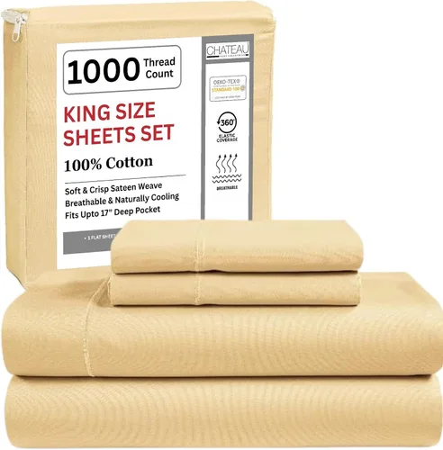 Miniatura 14 de Juego de sábanas 100% algodón para cama King, juego de sábanas certificadas de 1000 TC con bolsillo profundo, juego de sábanas y fundas de almohada