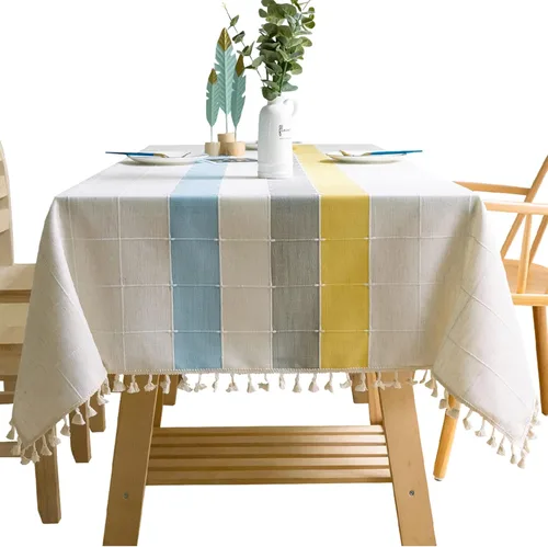 Miniatura 9 de Mantel rústico bordado con borla, lino de algodón sin arrugas, antidecoloración, lavable, a prueba de polvo, para comedor, cocina, fiesta, Azul