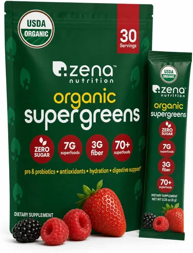 Miniatura 15 de Zena Nutrition Polvo de Súper Verdes Orgánico, 70+ Superalimentos, 0 Azúcar, 3G de Fibra, Espirulina, Chlorella, Hongos, Prebióticos/Probióticos