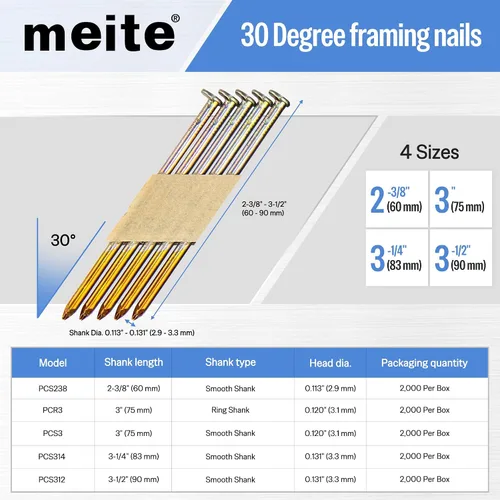 Miniatura 2 de meite Clavos de marco de 30 grados de 3 pulgadas x 0.120 pulgadas, clavos de papel para pistola clavadora de enmarcar de 30 a 34 grados, clavos