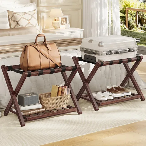 Miniatura 2 de HOOBRO Portaequipajes, soporte plegable para equipaje, soporte de maleta de bambú para habitación de invitados, con estante de soporte de correa