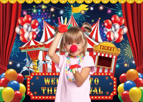 Miniatura 4 de Telón de fondo de circo de carnaval de 7 x 5 pies, carpa de circo, telón de fondo para fiesta, carrusel, taquilla, fondo para niños, niños, bebés