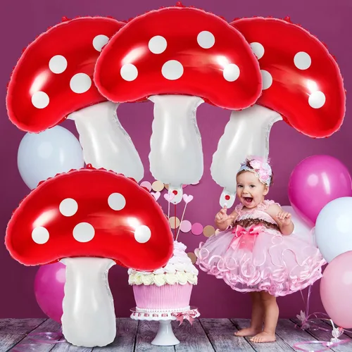 Miniatura 4 de 6 globos con forma de hongo, globos de Mylar de 31 pulgadas, bonitos globos de cumpleaños en forma de hongo para decoración de fiestas temáticas