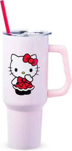 Miniatura 25 de Silver Buffalo - Vaso de acero inoxidable Sanrio Hello Kitty con flores de primavera y verano y rayas arcoíris, con asa y popote, compatible