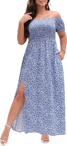Vestido bohemio para mujer, talla grande, estampado floral, hombros descubiertos, fruncido, dividido, vestido largo de verano