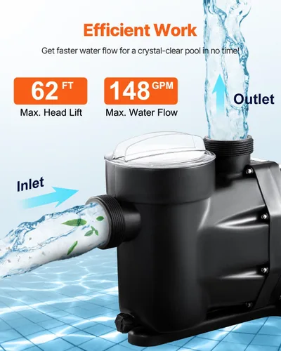 Miniatura 5 de VEVOR Bomba de piscina sobre el suelo, 2.5 HP, 148 GPM Max Flow Bomba de piscina de una sola velocidad, 220 V, 3450 RPM, elevación máxima de cabeza