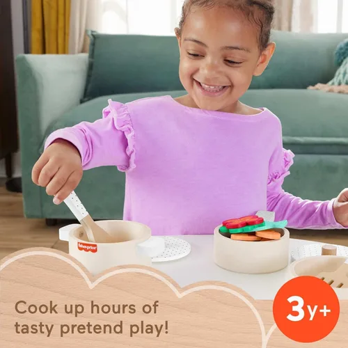 Miniatura 2 de Fisher-Price Juego de Cocina de Madera de Juego de Simulación Juego de Ollas y Sartenes, Conjunto de Juego de 19 Piezas de Madera, Metal y Tela