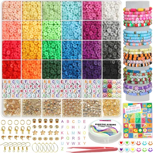 YMSDZHL Kit de Fabricación de Pulseras con Más de 6000 Cuentas de Arcilla, 24 Colores de Cuentas Planas DIY Preppy para Hacer Joyas de Amistad,