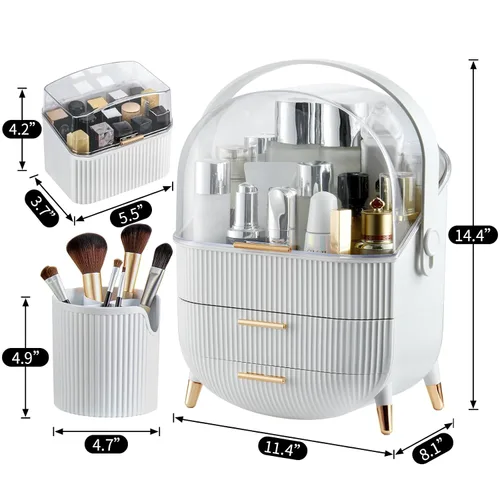 Miniatura 2 de CANITORON Organizador de maquillaje, organizador de cuidado de la piel de gran capacidad para tocador, organizador de cosméticos con 2 cajones