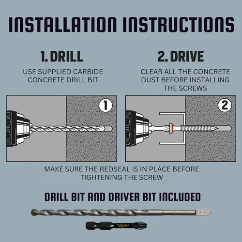 Miniatura 3 de Velocity Kit de tornillos para hormigón con barrera de humedad RedSeal, incluye 12 tornillos para hormigón de alto rendimiento, 1 broca y 1 broca