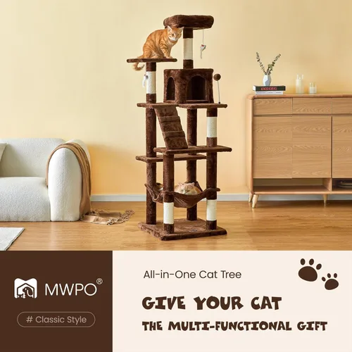 Miniatura 2 de MWPO - Árbol para gatos, multiestructura para gatos grandes con postes rascadores de sisal, plataforma acolchada, hamaca y condominio, torre Marrón