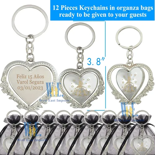 Miniatura 2 de 12 llaveros personalizados Recuerdo para Quinceañera Mis XV, regalo de fiesta de 18 cumpleaños, invitado (negro)