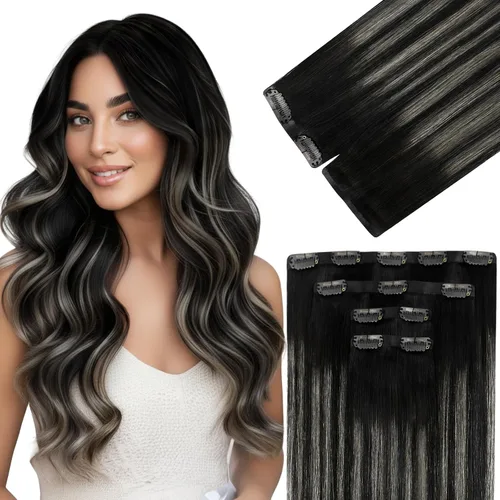 Miniatura 35 de Ve Sunny Extensiones de cabello clip-in de cabello humano real con reflejos, extensiones de cabello con clip para cabello corto, marrón oscuro