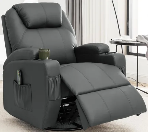 Korser - Silla reclinable, silla mecedora con masaje y calor, sillas reclinables de giro 360° para adultos, silla mecedora manual con control remoto