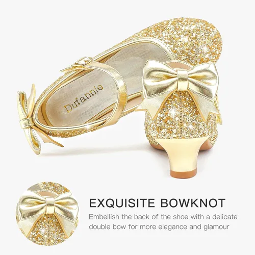 Miniatura 3 de Dufannie Zapatos de vestir para niñas, zapatos de tacón bajo de princesa, zapatos planos con purpurina para bodas y fiestas