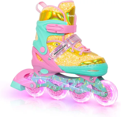 Mammygol Patines en línea para niñas y niños, 4 tamaños ajustables para niñas de 3 a 12 años con ruedas iluminadas y protección de seguridad, regalo