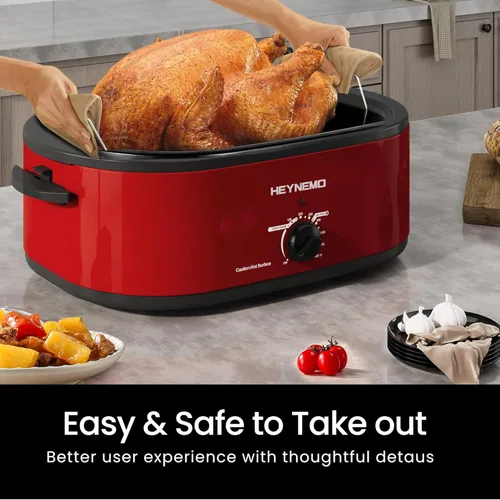 Miniatura 5 de Horno eléctrico, rostizador con tapa de autohumectado, para pavo, con descongelado y mantenimiento de calor, temperatura ajustable, bandeja y Rojo
