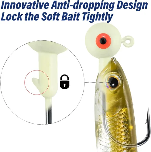 Miniatura 3 de Alwonder Paquete de 10 cabezas redondas de pesca, ganchos de róbala de lubina, ojos 3D, acero de alto carbono, 1/8-1/2 onzas, cabeza de plantilla