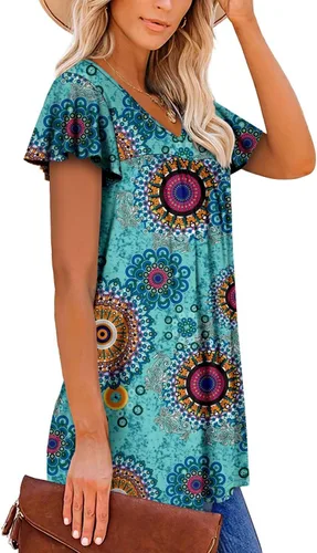 Miniatura 3 de ROSELINLIN Blusa de verano de manga corta con volantes y cuello en V para mujer