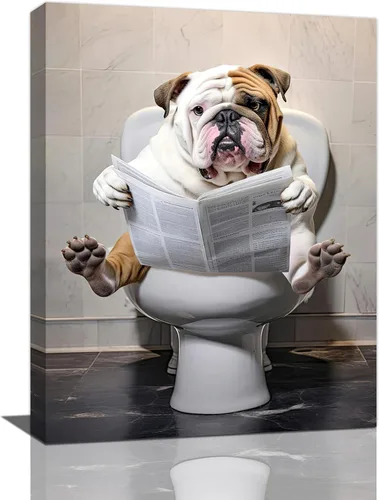 Arte de pared de baño para perro, divertido decoración de pared de baño, diseño de bulldog inodoro, lienzo impreso, pintura para decoración del