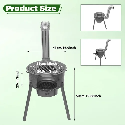 Miniatura 5 de Estufa de cohete portátil de leña con tubo de chimenea, estufa de camping de acero resistente con parrilla para calefacción de tienda de campaña